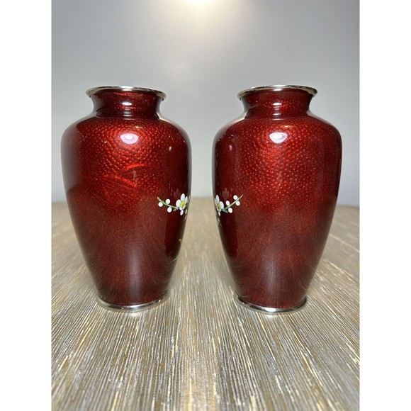 Pair VTG/Antique Japanese Cloisonné Ginbari Vases - Red, Plum Branches Blossoms - Picture 6 of 10
